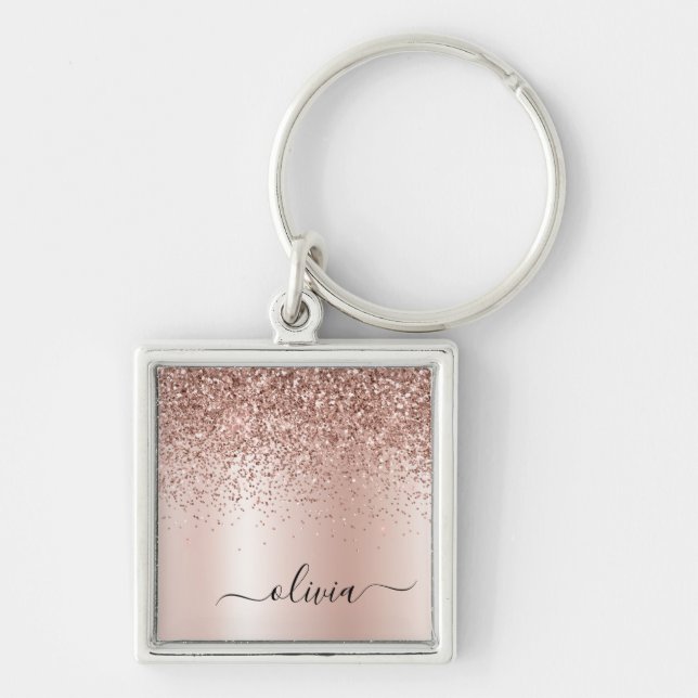 Ro Guld -  Rosa Glitter Metall Monogram Namn Fyrkantig Silverfärgad Nyckelring (Framsidan)