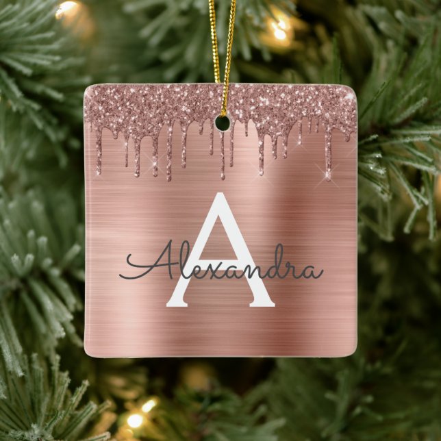 Ro Guld -  Rosa Glitter Metall Monogram Namn Julgransprydnad Keramik (Träd)