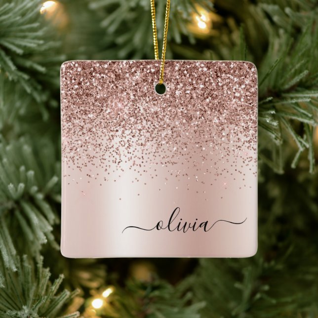 Ro Guld -  Rosa Glitter Metall Monogram Namn Julgransprydnad Keramik (Träd)