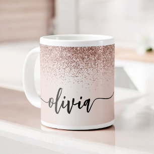 Ro Guld - Rosa Glitter Metall Monogram Namn Jumbo Mugg