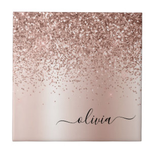 Ro Guld - Rosa Glitter Metall Monogram Namn Kakelplatta