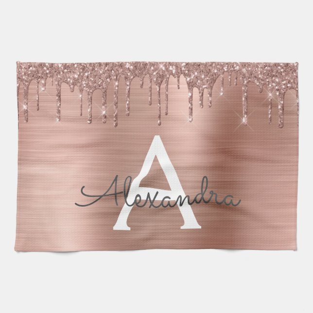 Ro Guld -  Rosa Glitter Metall Monogram Namn Kökshandduk (Horisontell)