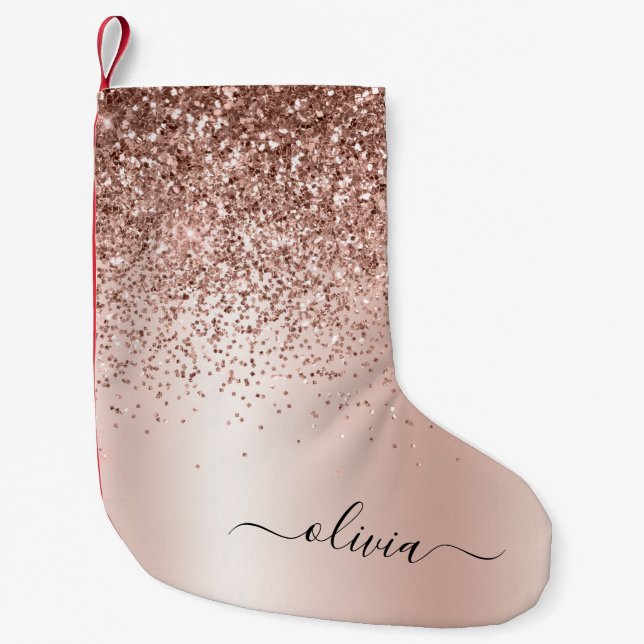 Ro Guld -  Rosa Glitter Metall Monogram Namn Liten Julstrumpa (Framsidan)