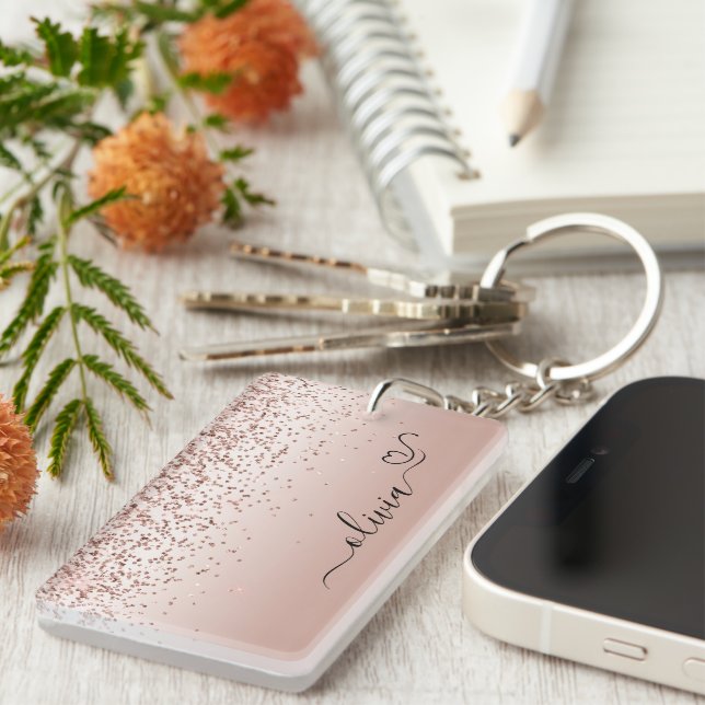 Ro Guld -  Rosa Glitter Metall Monogram Namn Nyckelring (Högra Framsidan)