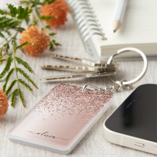 Ro Guld - Rosa Glitter Metall Monogram Namn Nyckelring
