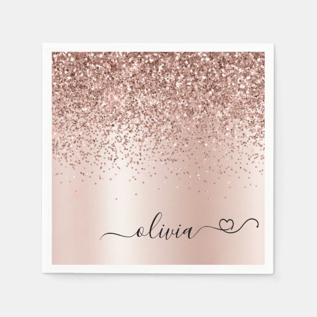 Ro Guld -  Rosa Glitter Metall Monogram Namn Pappersservett (Framsidan)