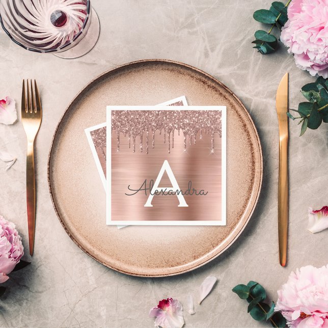Ro Guld -  Rosa Glitter Metall Monogram Namn Pappersservett (Skapare uppladdad)