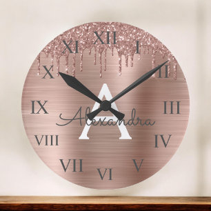 Ro Guld -  Rosa Glitter Metall Monogram Namn Rund Klocka
