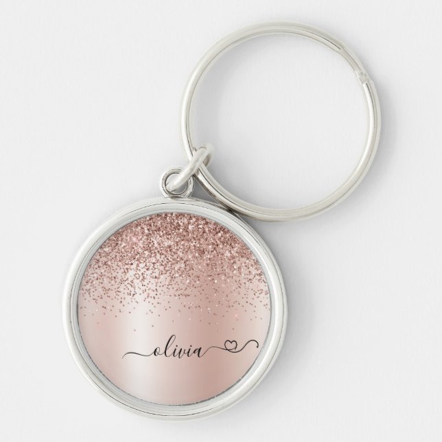 Ro Guld -  Rosa Glitter Metall Monogram Namn Rund Silverfärgad Nyckelring (Framsidan)