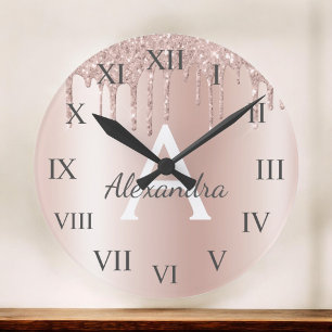 Ro Guld - Rosa Glitter Metall Monogram Namn Stor Klocka