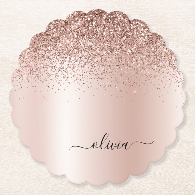 Ro Guld -  Rosa Glitter Metall Monogram Namn Underlägg Papper (Framsida)