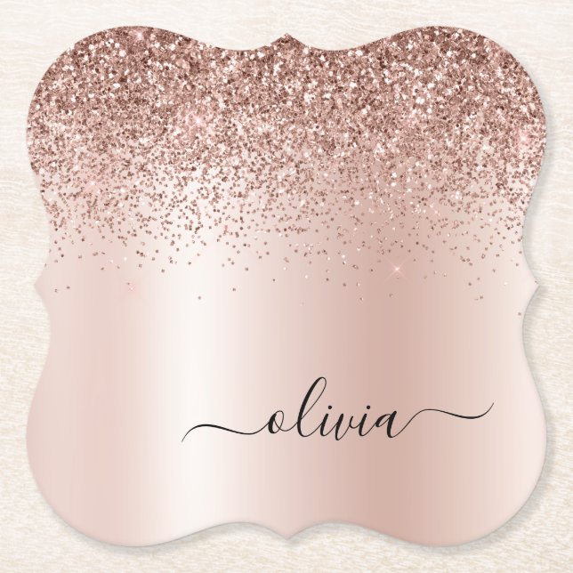 Ro Guld -  Rosa Glitter Metall Monogram Namn Underlägg Papper (Framsida)