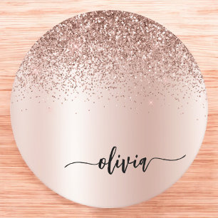 Ro Guld -  Rosa Glitter Metall Monogram Namn Underlägg Papper Rund