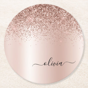 Ro Guld -  Rosa Glitter Metall Monogram Namn Underlägg Papper Rund