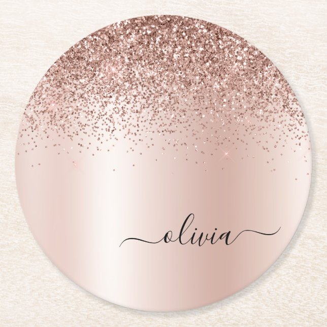 Ro Guld -  Rosa Glitter Metall Monogram Namn Underlägg Papper Rund (Framsidan)