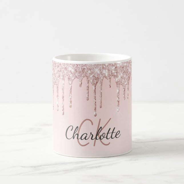 Ro guld rosa glitter monogram initialer lyx kaffemugg (Center)