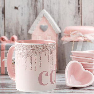 Ro guld rosa glitter monogram initialer lyx mugg