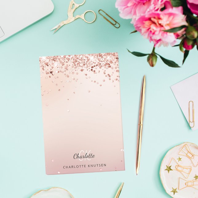 Ro guld  rosa glitter monogram post-it block (Skapare uppladdad)