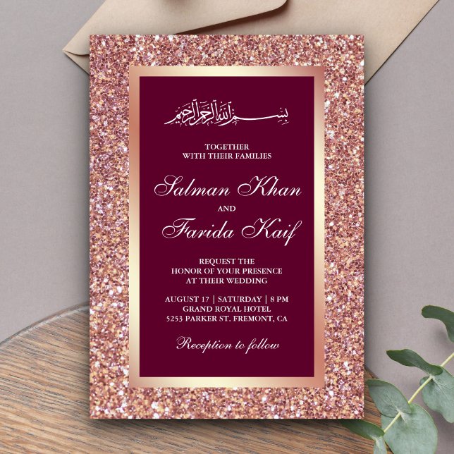 Ro Guld Rosa Glitter muslimsk muslimsk Bröllop Inbjudningar (Skapare uppladdad)