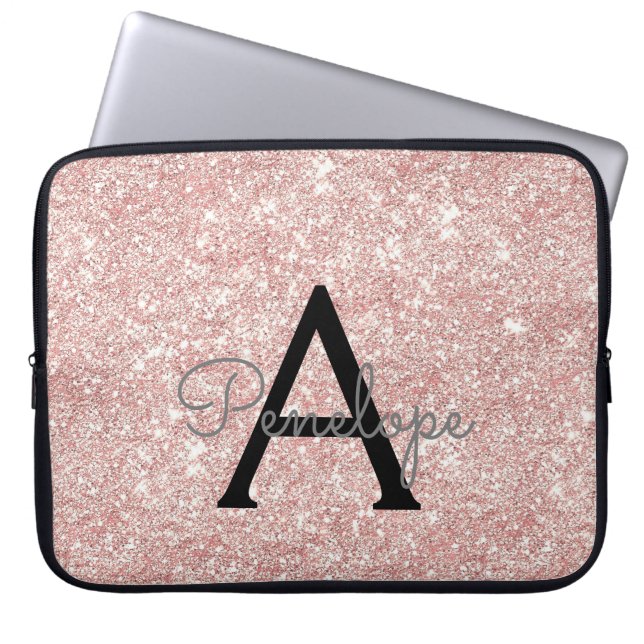 Ro Guld Rosa Glitter och Gnistra Monogram Laptop Fodral (Framsidan)