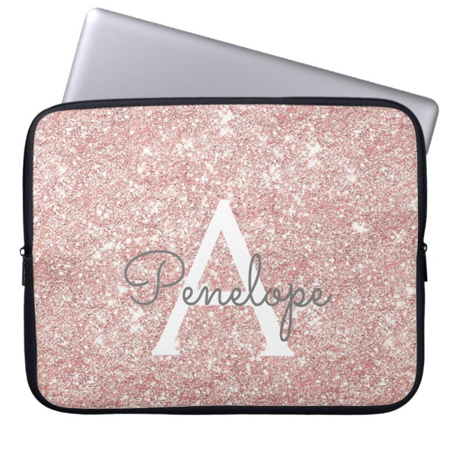 Ro Guld Rosa Glitter och Gnistra Monogram Laptop Fodral (Framsidan)