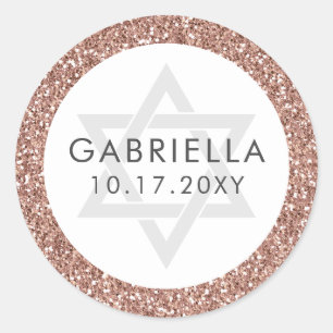 Ro Guld Rosa Glitter och Grått Bat mitzvah Runt Klistermärke
