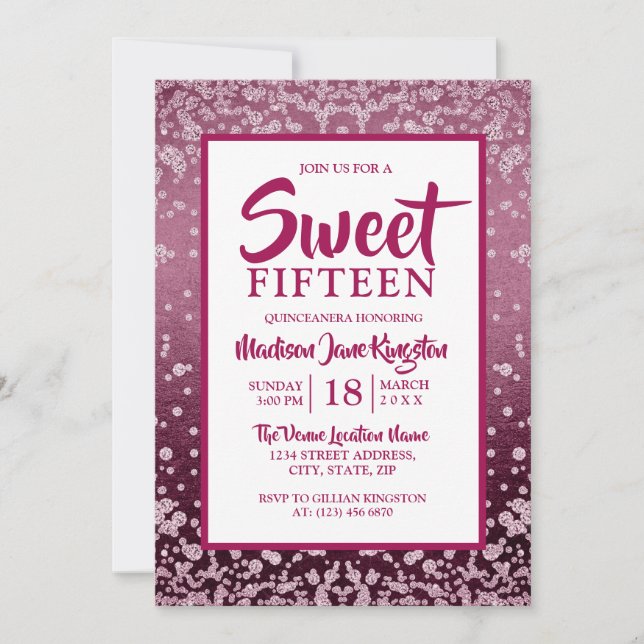 Ro Guld Rosa Glitter Quinceanera Sweet 15 inbjudan (Framsida)