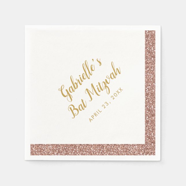 Ro Guld Rosa Glitter Rand Girly Party Napkins Pappersservett (Framsidan)