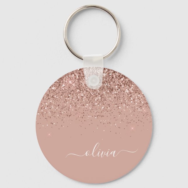Ro Guld  Rosa Glitter Script Monogram Girly Nyckelring (Framsida)