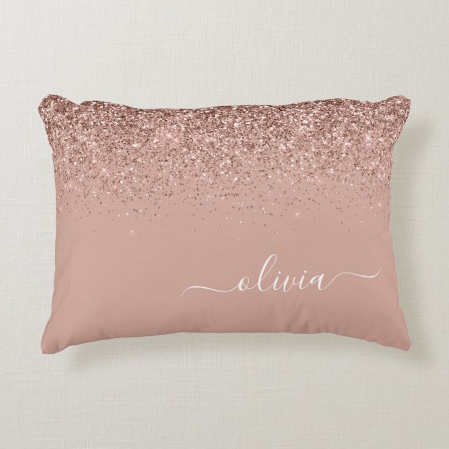 Ro Guld  Rosa Glitter Script Monogram Girly Prydnadskudde (Framsidan)