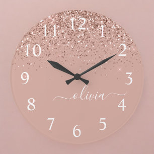 Ro Guld  Rosa Glitter Script Monogram Girly Stor Klocka