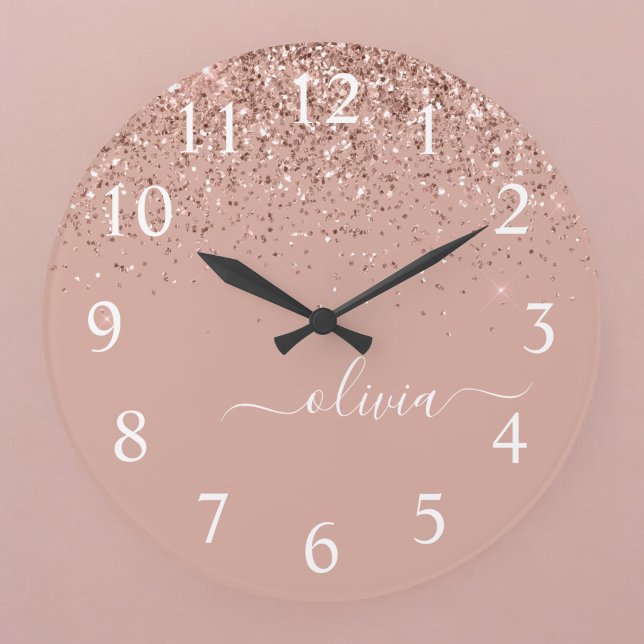 Ro Guld  Rosa Glitter Script Monogram Girly Stor Klocka (Skapare uppladdad)