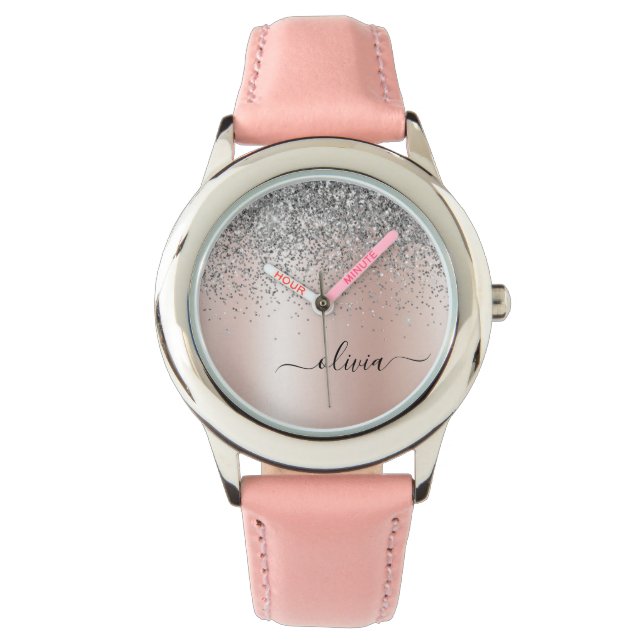Ro Guld -  Rosa Glitter Silver Monogram Armbandsur (Framsida)