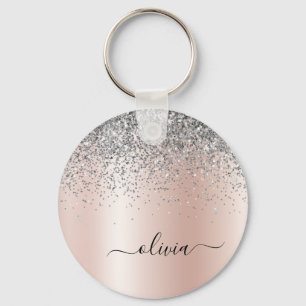 Ro Guld -  Rosa Glitter Silver Monogram Nyckelring