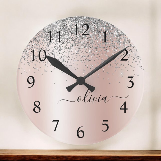 Ro Guld -  Rosa Glitter Silver Monogram Stor Klocka (Skapare uppladdad)