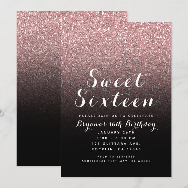 Ro Guld Rosa Glitter & Svarta Sverige 16 Party Inbjudningar (Fram/baksida)