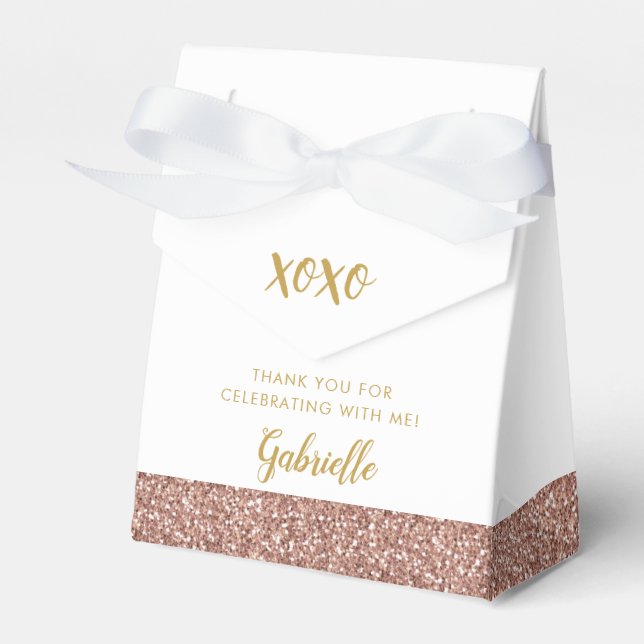 Ro Guld Rosa Glitter XOXO Birthday Mitzvah Presentaskar (Framsidan Sidan)