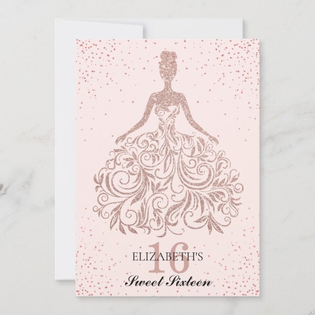 Ro Guld Rosa Gnistra Dress Sweet 16:e födelsedagen Inbjudningar (Framsida)
