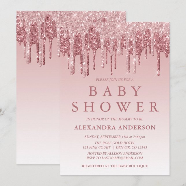 Ro Guld | Rosa Gnistra Glitter Baby Shower Inbjudningar (Fram/baksida)