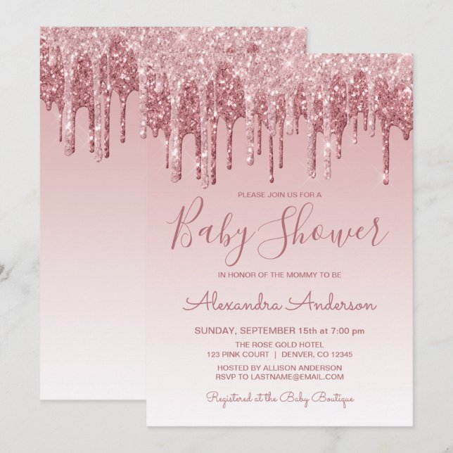 Ro Guld | Rosa Gnistra Glitter Baby Shower Inbjudningar (Fram/baksida)