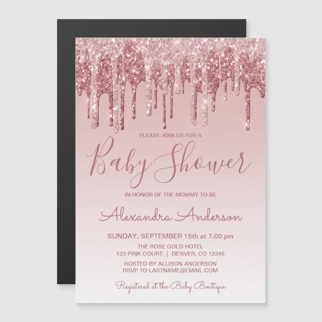 Ro Guld | Rosa Gnistra Glitter Baby Shower Magnetisk Inbjudningskort (Fram/baksida)