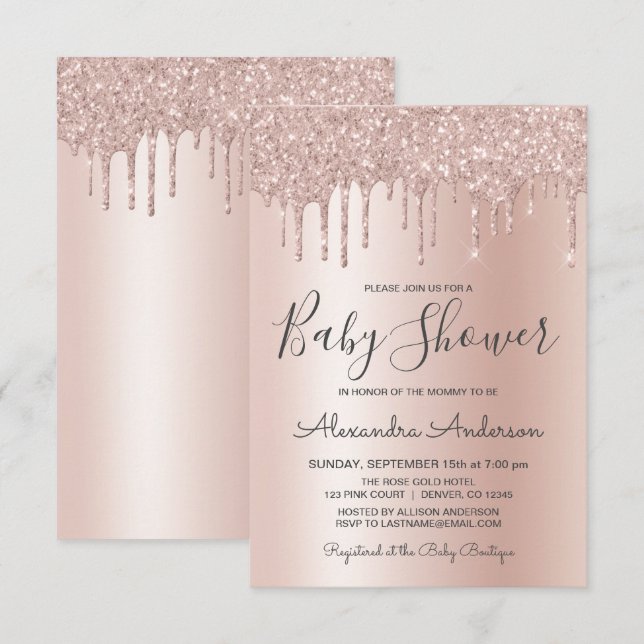 Ro Guld | Rosa Gnistra Glitter Foil Baby Shower Inbjudningar (Fram/baksida)