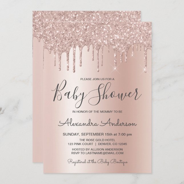 Ro Guld | Rosa Gnistra Glitter Foil Baby Shower Inbjudningar (Fram/baksida)