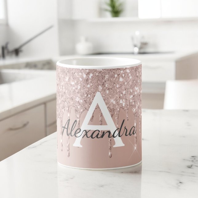 Ro Guld - Rosa Gnistra Glitter Monogram Namn Kaffemugg (Skapare uppladdad)