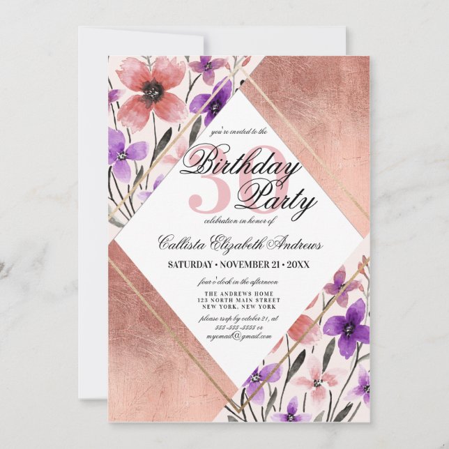 Ro Guld Rosa Lila  Flower Watercolor Birthday Inbjudningar (Framsida)