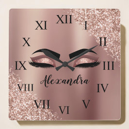 Ro Guld Rosa Monogram Glitter Eyelash Fyrkantig Klocka