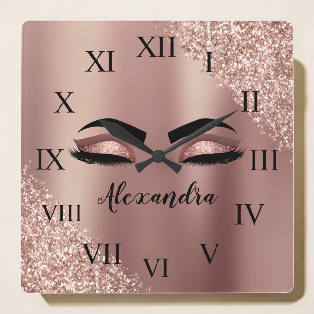 Ro Guld  Rosa Monogram Glitter Eyelash Fyrkantig Klocka (Skapare uppladdad)
