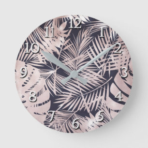 Ro Guld Rosa Mörk Tropical Handflatan Träd Löv Rund Klocka