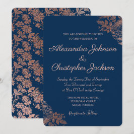 Ro Guld Rosa och marinblått Blommigt Rosor Bröllop Inbjudningar