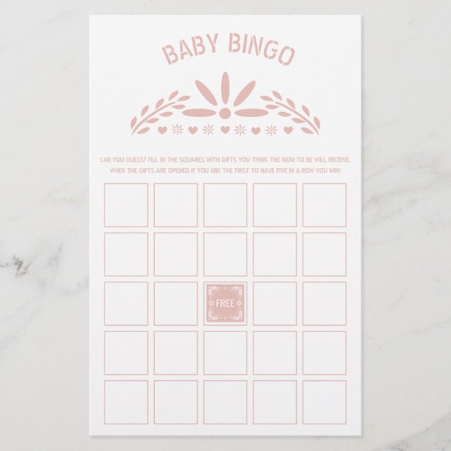 Ro guld rosa Papel Picado Baby Shower Bingo-spel Flygblad (Framsidan)